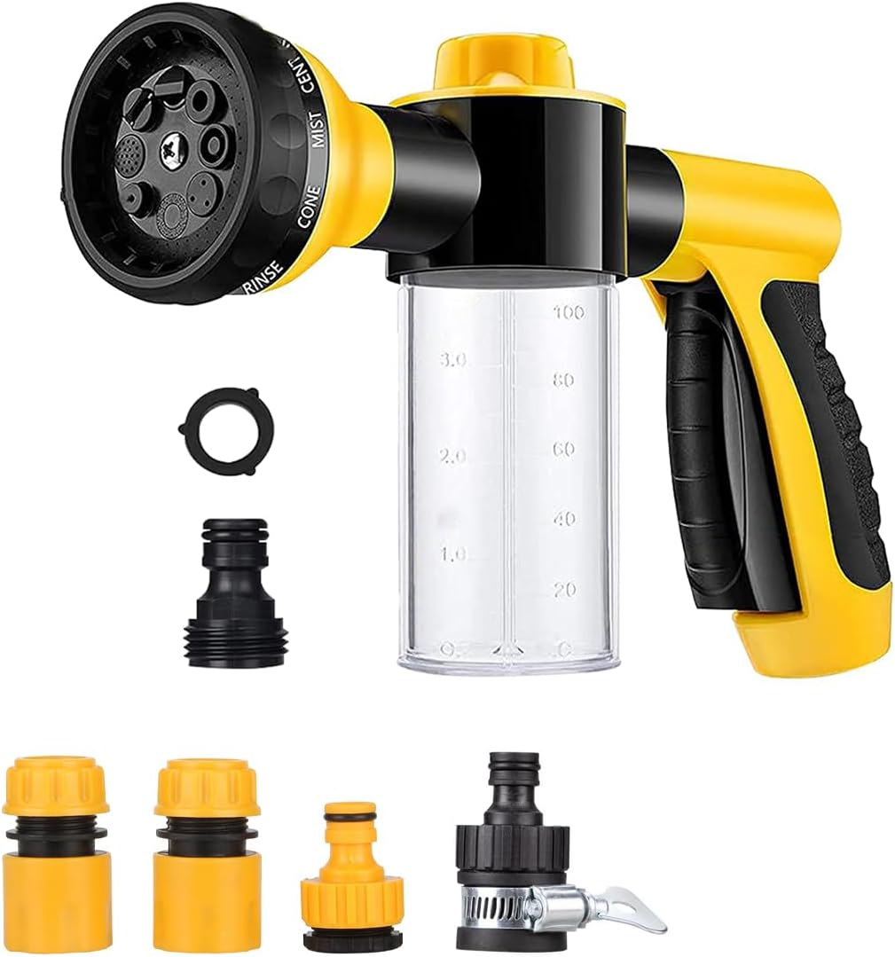 Car Wash Sprayer,9 in 1 Watering Patterns Car Wash Hose Attachment Garden Hose Nozzle with Soap Foam Dispenser for Garden Plants Watering Dog Washing House Cleaning (Orange)