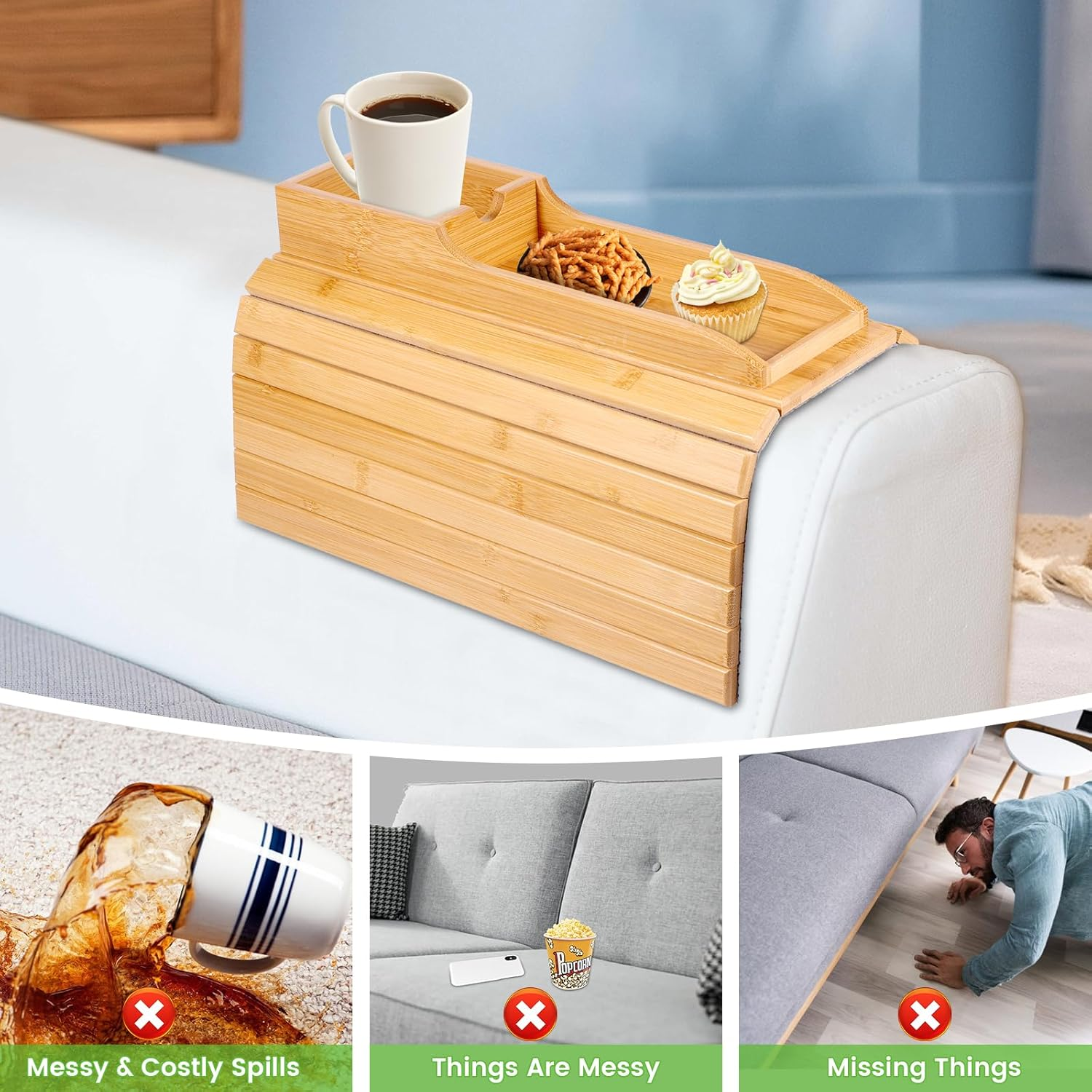 Bamboo Couch Cup Holder, Couch Tray & Cup Holder for Drink & Snack, Versatile Couch Drink Holder & Sofa Armrest Tray with Cup Holder, Protection Armrest Tray for Cups Snacks Remote Control image number 3
