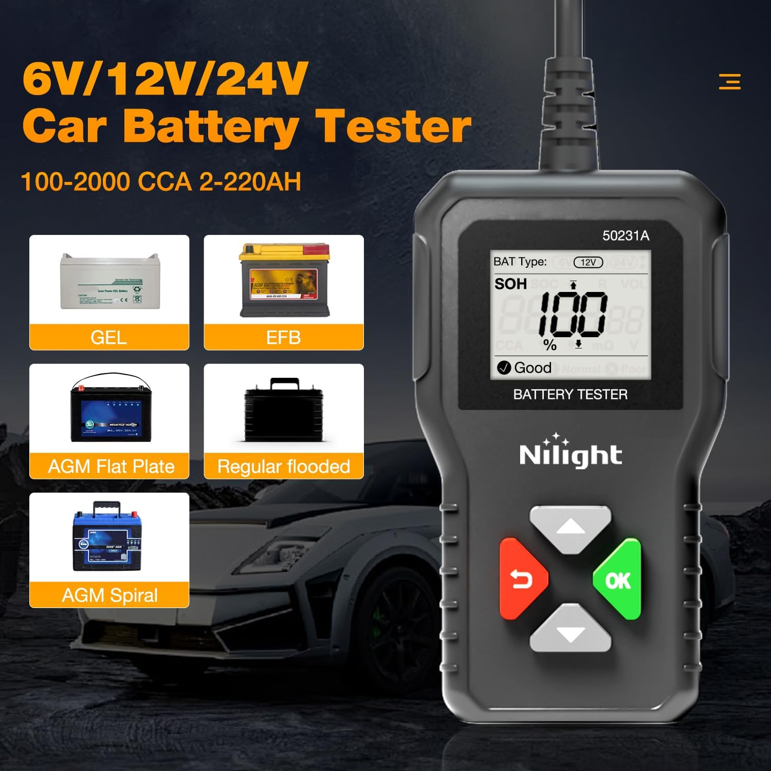 Nilight Car Battery Tester 6V 12V 24V Accurate Digital Auto Analyzer 100-2000 CCA Voltage SOH SOC Internal Resistance Test for Cars Trucks SUV ATV Boats Motorcycles Vehicle image number 1