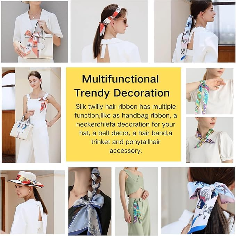 Silk Purse Scarf for Handbags,Bags, and Purses,2 Pcs 2"X47" Hair Ribbon Skinny Neck Scarves for Women image number 4