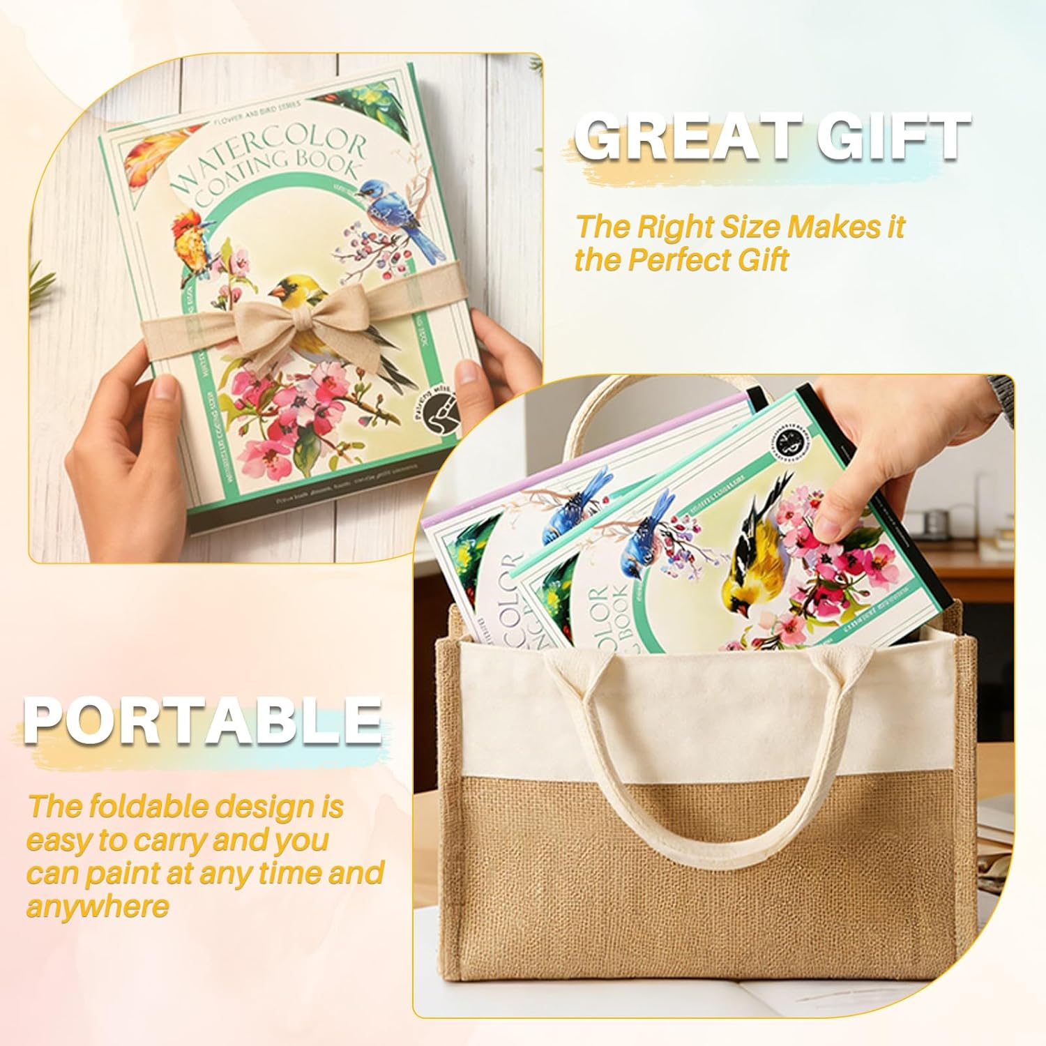 Watercolour Colouring Book with 12 Watercolours, NANASUGUR Watercolour Painting Set for Crafts & Learning, Watercolour Painting Paper for Drawing, Workbook, Colouring Pad Set with Watercolour Paper