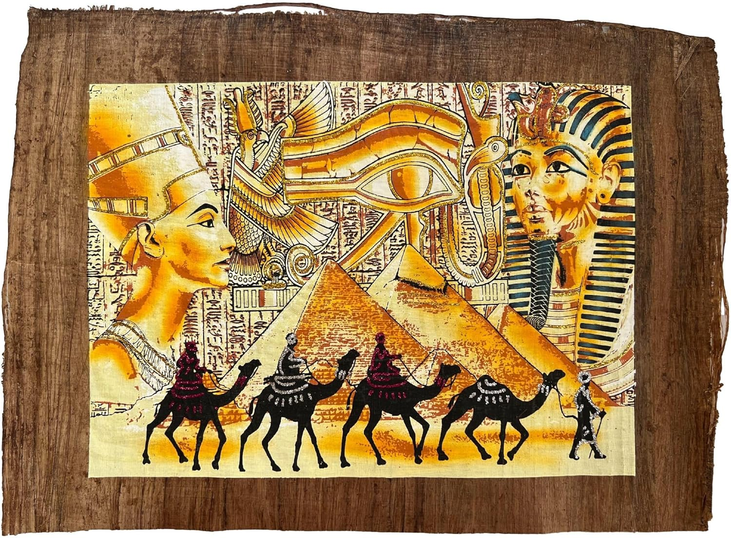 Nefertiti, Eye of Ra, Tutankhamun on Antiqued Papyrus, Glow in the Dark Vintage Painting - 17X13 Inches image number 1