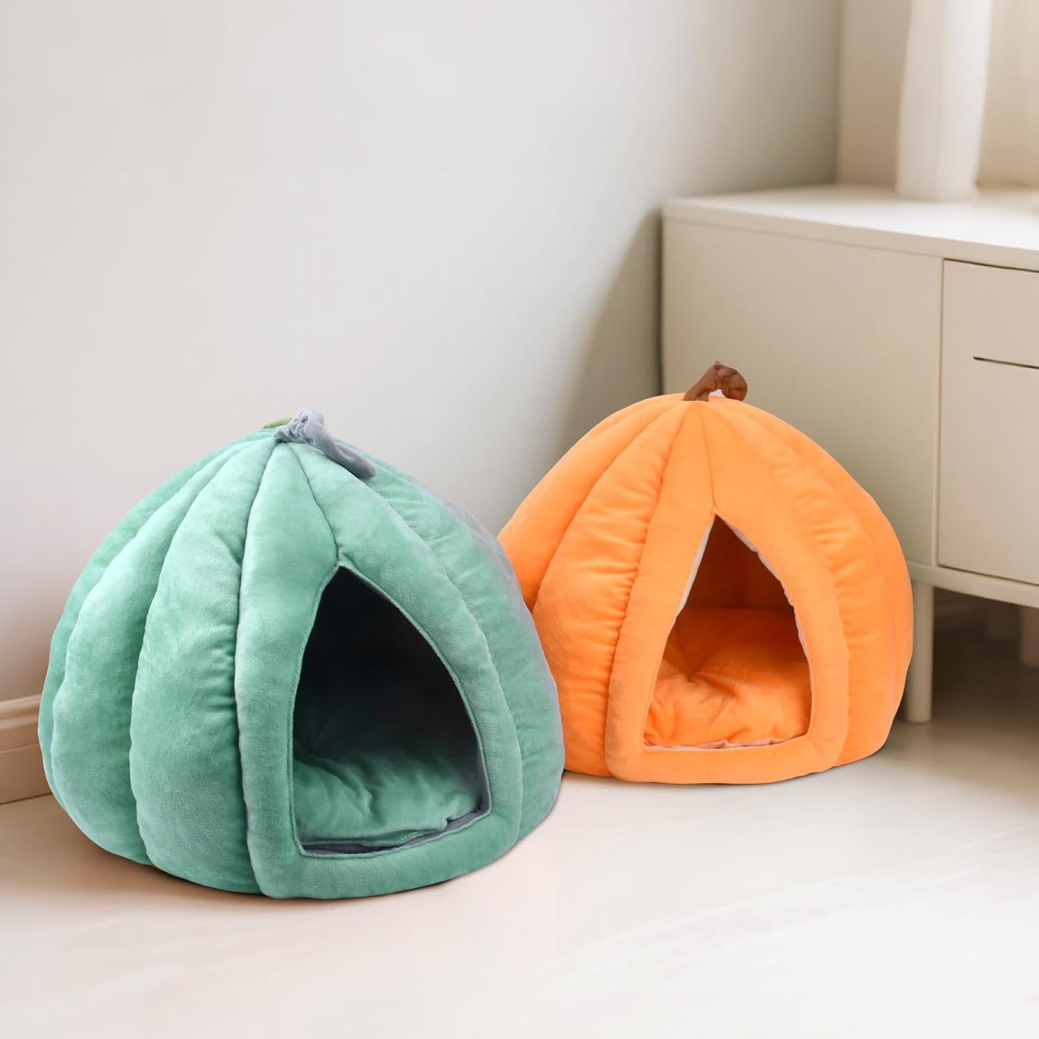 Cat Cave Bed, Removable Cushion Blankets,Soft Semi-Closed Pumpkin Shape Pet Bed, Cat House for Indoor Small, Medium Dogs and Cats, Sleeping Bag (Olive Green, M(2.5-5KG)) image number 6