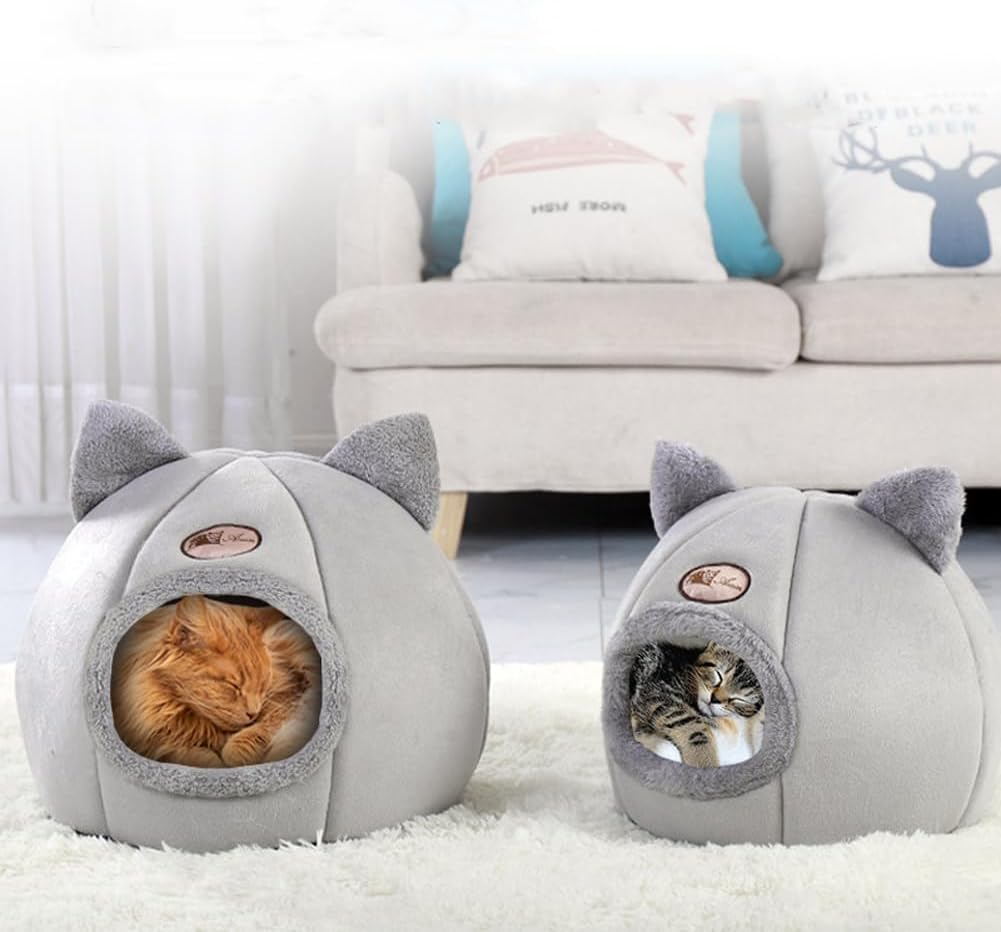 Cat Bed Cave with Dome Shape - Soft Plush Premium Cotton No Deformation Cave, Lightweight Portable Bed, House for Indoor Kitten and Small Dog, Grey(L) image number 5