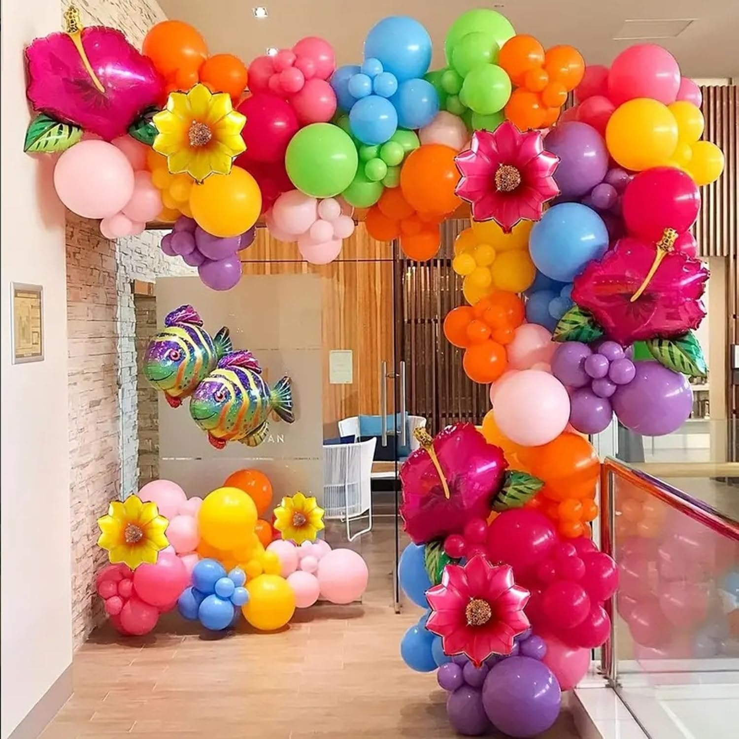 146Pcs Tropical Neon Balloon Arch, Summer Colorful Rainbow Pool Party Balloon for Hawaiian Beach Tropical Luau Pool Theme Birthday Party Decorations Flower Rainbow