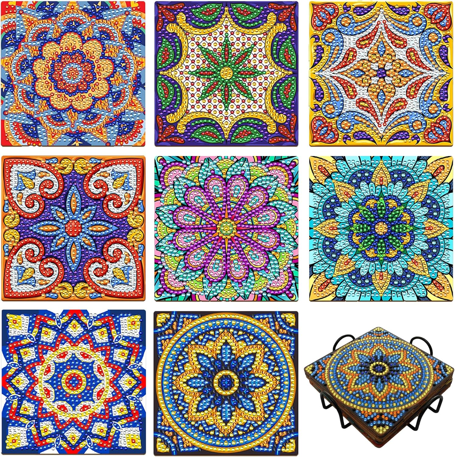 8 Pcs Diamond Paintings Coasters with Holder Small Diamond Art Painting Kits 5D DIY Diamond Paintings Kit Coaster for Adults Beginners Kids Drinks Craft Supplies Home Decor Present