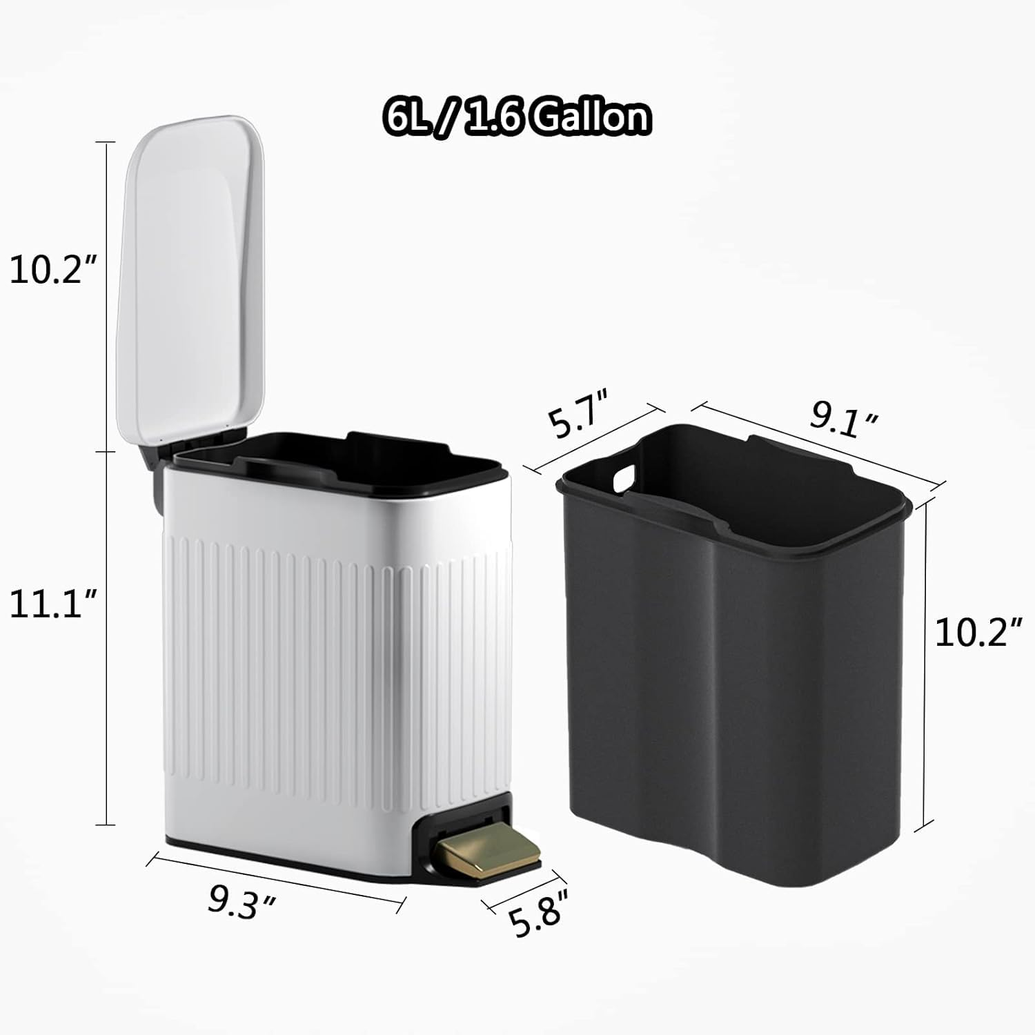 Small Trash Can with Lid Soft Close 6 Liter Stainless Steel Rectangular Slim Trash Bin with Metal Pedal Removable Inner Wastebasket for Bathroom Bedroom, Kitchen, Powder Room, Office, White - White image number 3