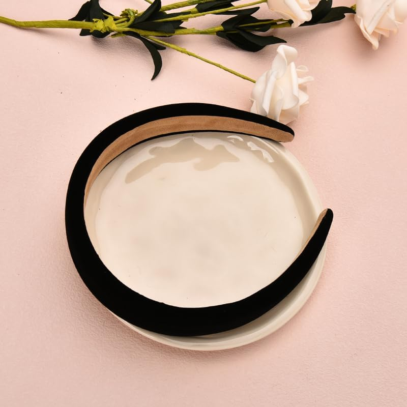 Black Velvet Headband Wide Padded Headbands Soft Puffy Headband for Women Girls Sponge Headbands for Yoga Sports No Slip Hairband for Thick Thin Hair Styling Accessories image number 4