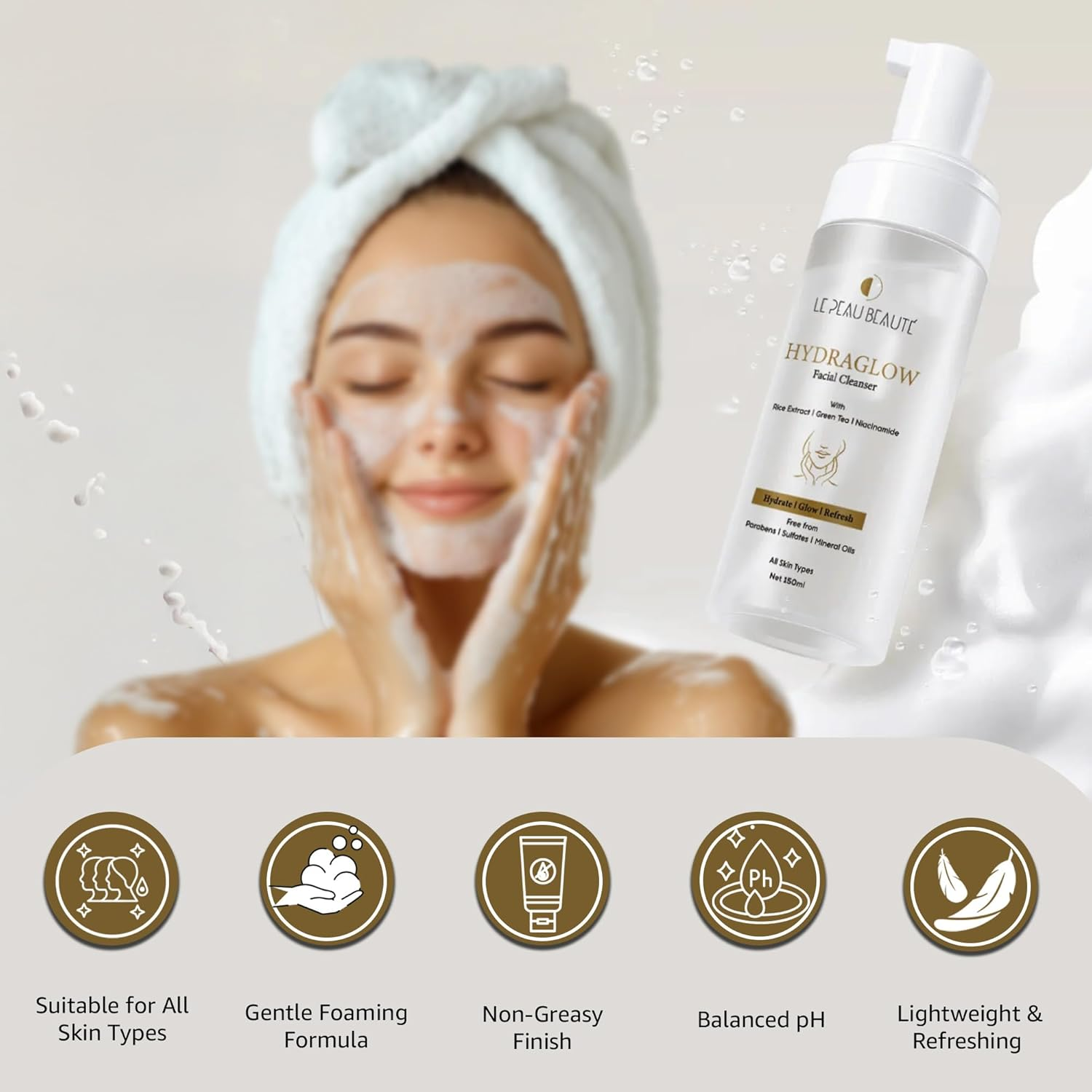 Le Peau Beaut&eacute; Hydra Glow Cleanser &ndash; Hydrating Face Wash with Rice Extract, Green Tea & Niacinamide for Radiant Skin. Gently Exfoliates with Salicylic Acid, Soothes & Repairs with Centella & Panthenol &ndash; Daily Use. image number 2