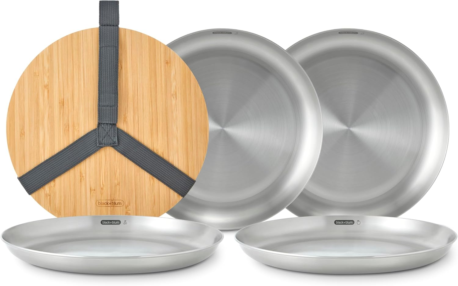 Black+Blum Picnic Plate Set of 4 - Stainless Steel Plates with a Bamboo Chopping Board Lid and Carry Strap image number 6