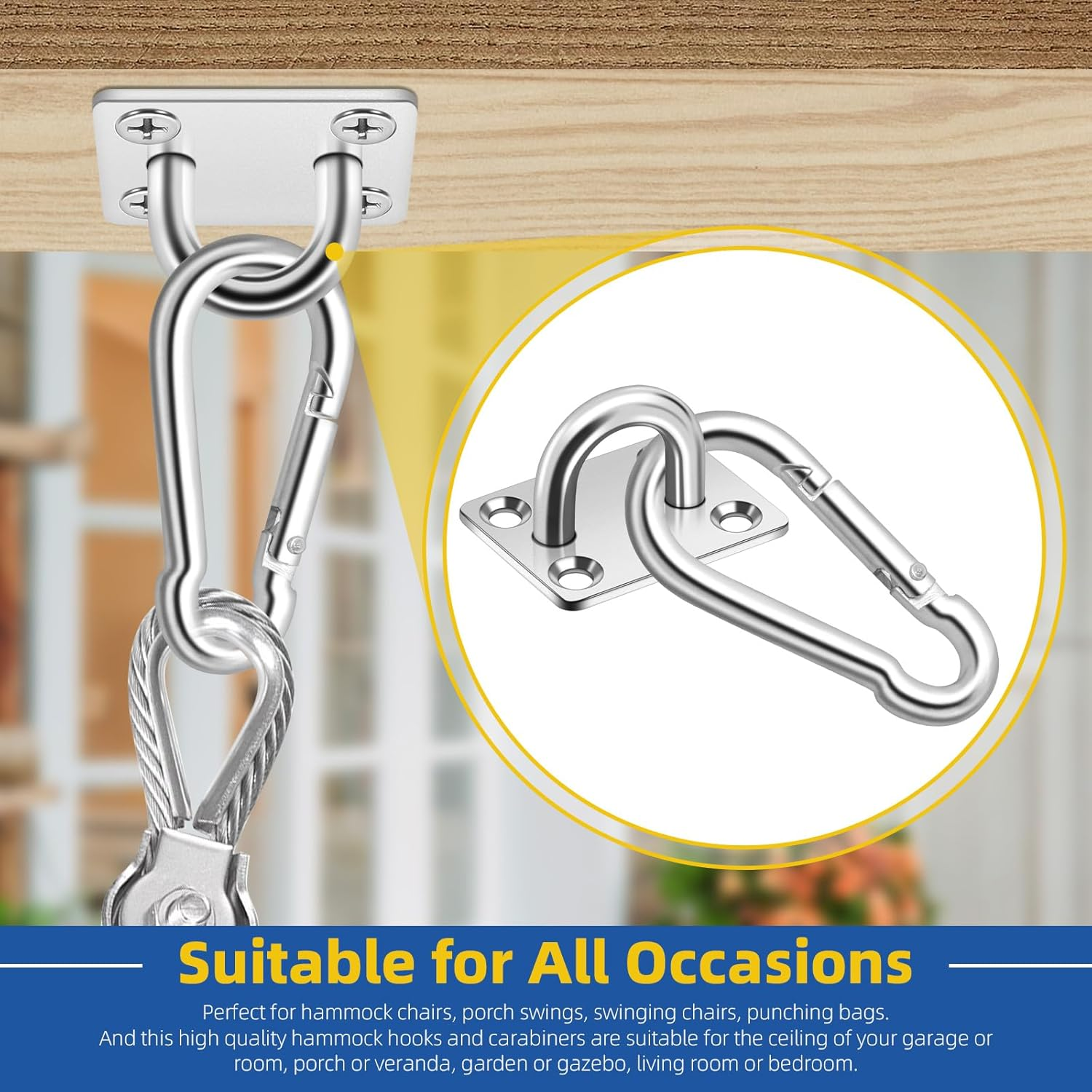 Glarks 40Pcs M8 Stainless Steel Pad Eye Plate Hook and Snap Hook Kit, Square Eye Plate U Hooks Heavy Duty Ceiling Hooks and Carabiner Clips Snap Hook for Ceiling, Mounting Hanging Hardware image number 5