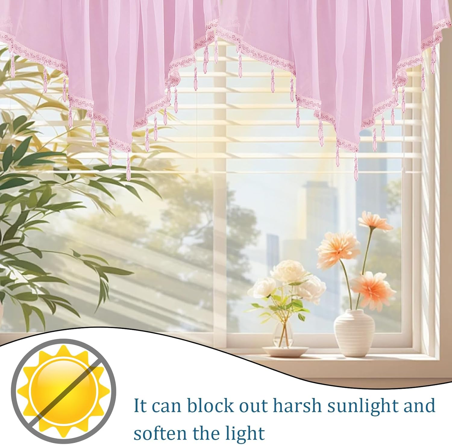 1Pcs Purple Sheer Valance Curtains 51.2 X 23.6 Inch, Beaded Swag Valances for Windows Living Room Kitchen Bedroom Bathroom, Short Top Farmhouse Valance Curtains with Rod Pocket Tassel Voile - Green image number 7