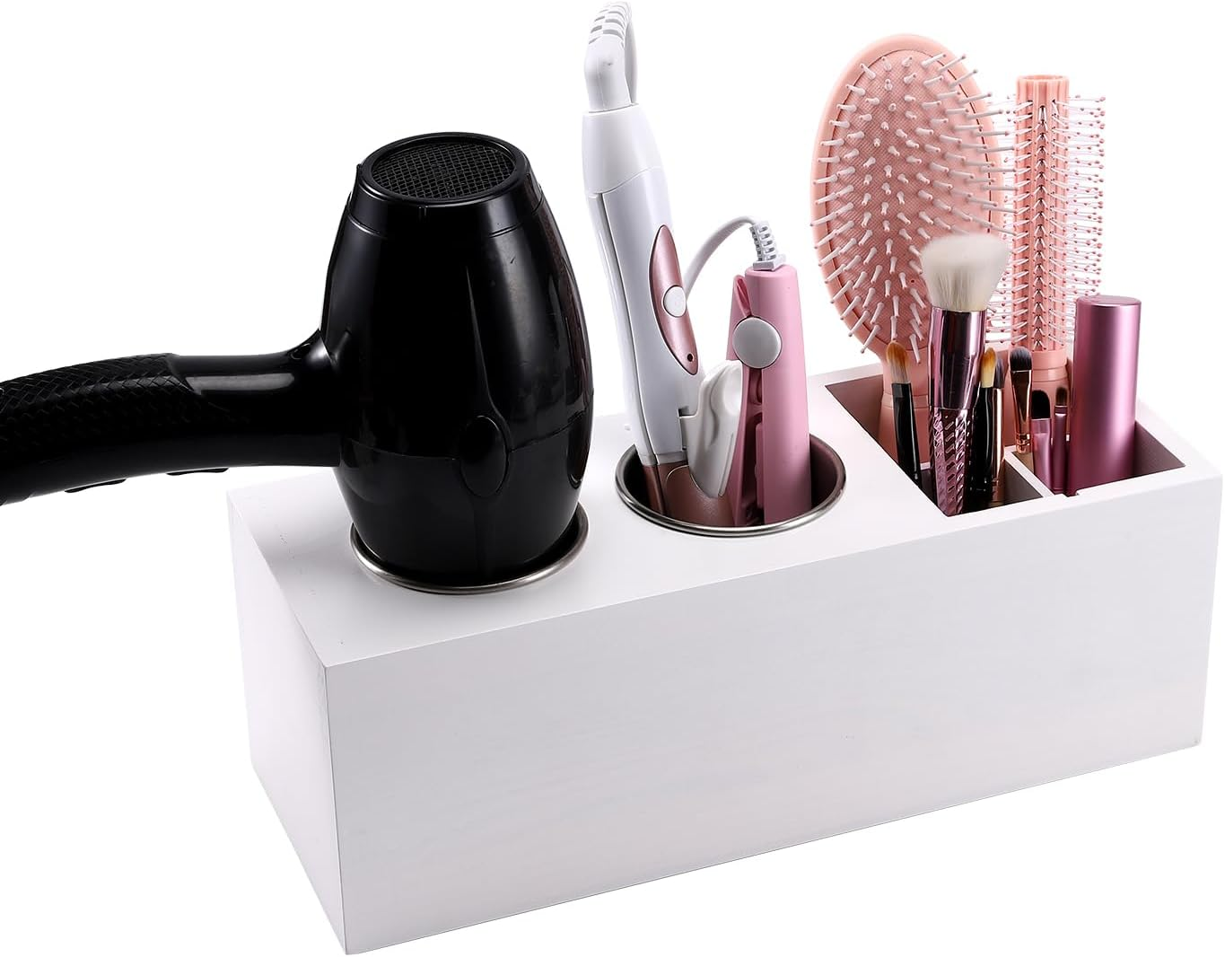 RAIKEDR Hair Dryer Countertop Holder, Hair Tool Organizer Wall Mount, Blow Dryer Holder Cabinet Door Organizer, Bathroom Countertop Blow Dryer Holder and Curling Iron Holder (Cedar Wood, White)