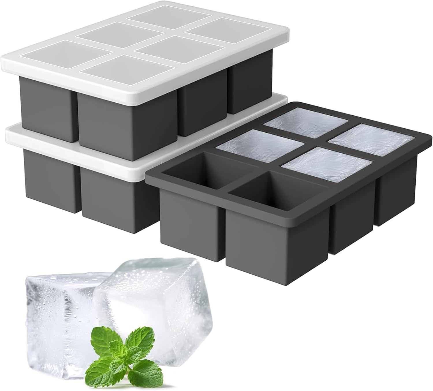 3Pack Large Silicone Ice Cube Tray for Whiskey, 2 Inch Ice Cube Tray Silicone, Easy-Release Ice Tray with Lid for Freezer, Perfect for Chilled Drinks, Freezer, Baby Food, Cocktail