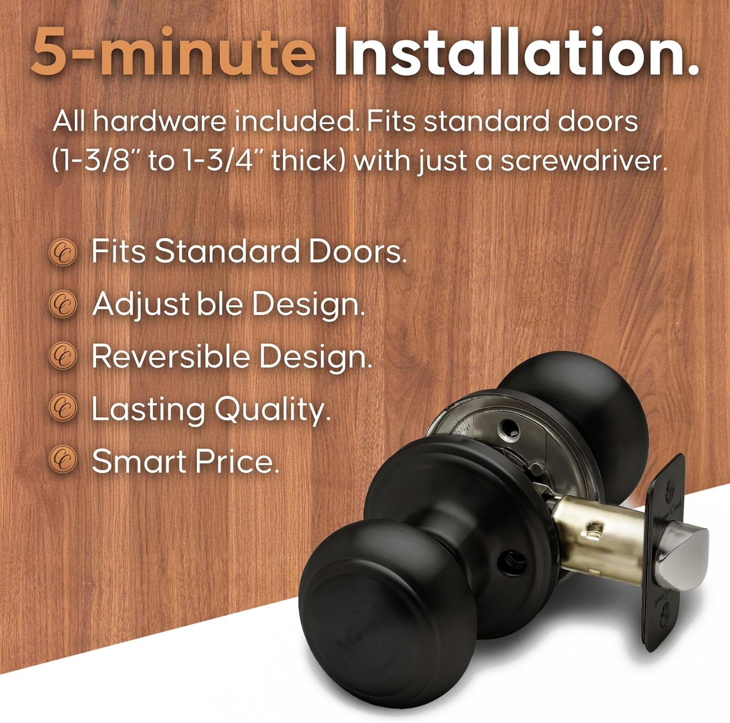 Copper Creek Matte Black Door Knobs - round Colonial Knob with Privacy Locking Function for Home Improvement, 1 Pack - Fits All Standard Doors - Locking Door Knob for Bedroom and Bathroom Use image number 3