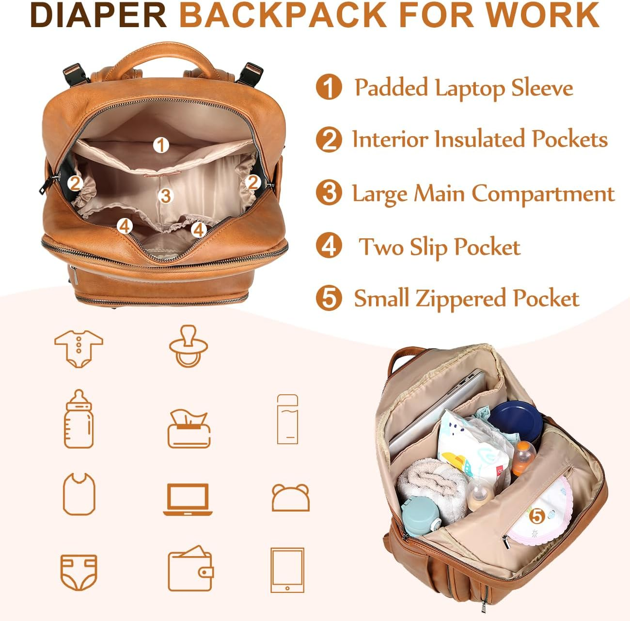 Diaper Bag Backpack, VASCHY Unisex Large Waterproof Vegan Leather Baby Nappy Bag with Changing Pad,Insulated Pockets,Padded Laptop Sleeve for for Mum,Dad,Travel,Business image number 1