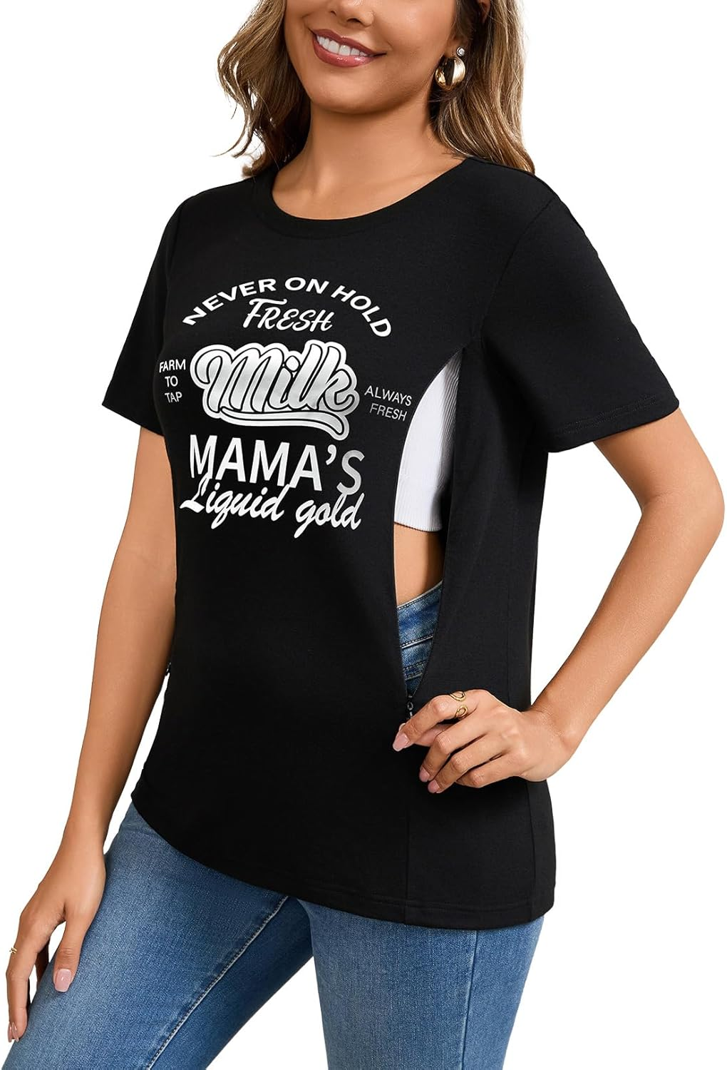 GINKANA Women'S Nursing Shirts Short Sleeve Breastfeeding Tshirt with Hidden Zippers Loose Fit Nursing Tops