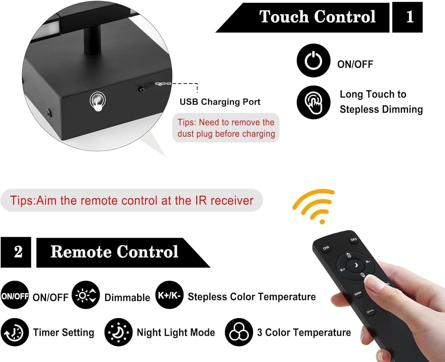 LED Battery Operated Wall Sconce Light Pack of 2, 12000Mah Rechargeable Battery Powered Wall Lighting Indoor Dimmable Wall Lamp Fixtures for Bedroom Living Room (Black) image number 4