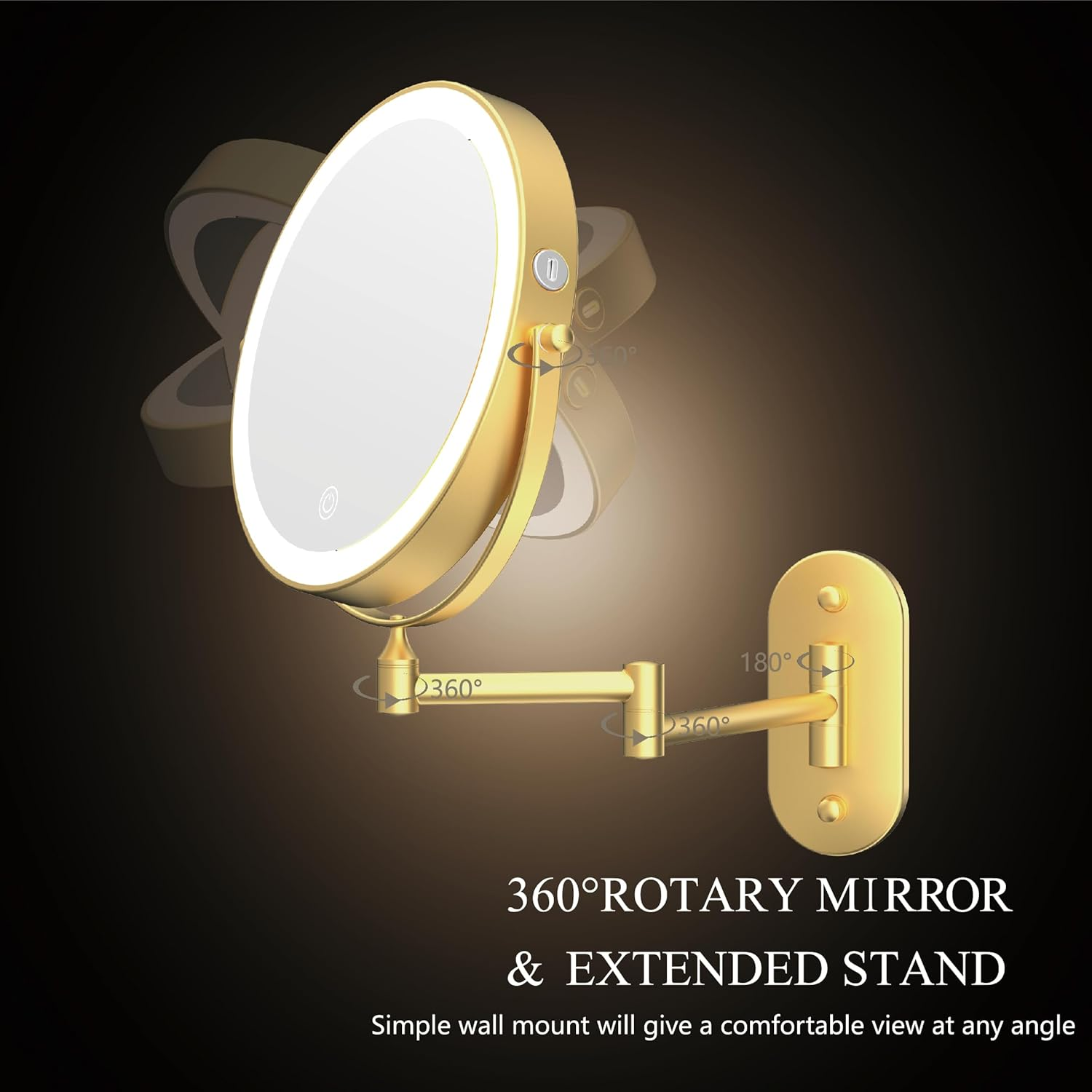 MIROAMZ Rechargeable Wall Mounted Lighted Makeup Vanity Mirror 8 Inch Double Sided 1X 10X Magnifying Bathroom Mirror, 3 Color Lighting, Touch Screen Dimming, 360 Rotation Shaving Mirror image number 1