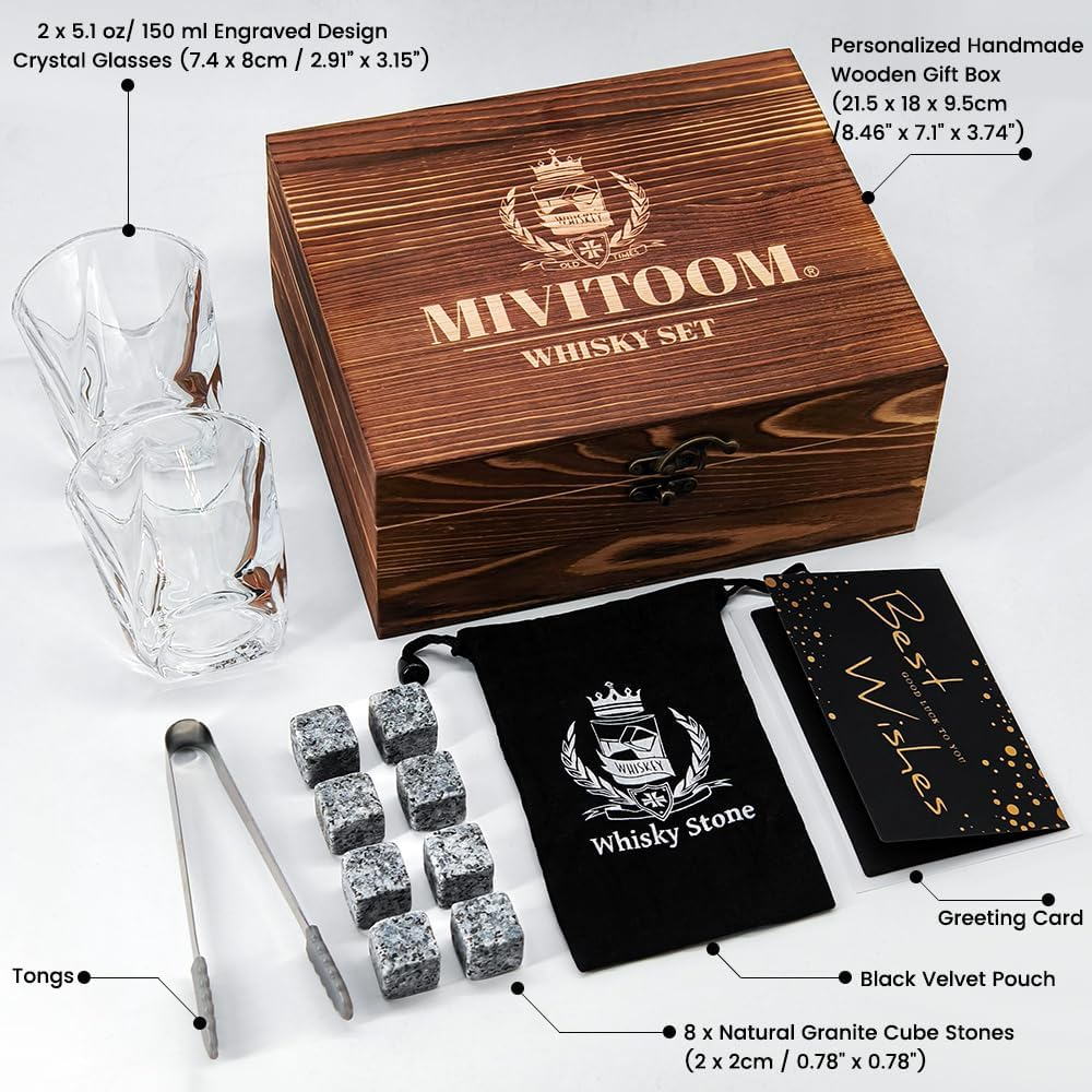 Whiskey Gift Set of 2 for Men, Bourbon Twisted Scotch Glass & Chilling Stones, Wood Box Gifts for Dad, Husband, Friends- - Gift Idea for Men Who Drink Whisky image number 5