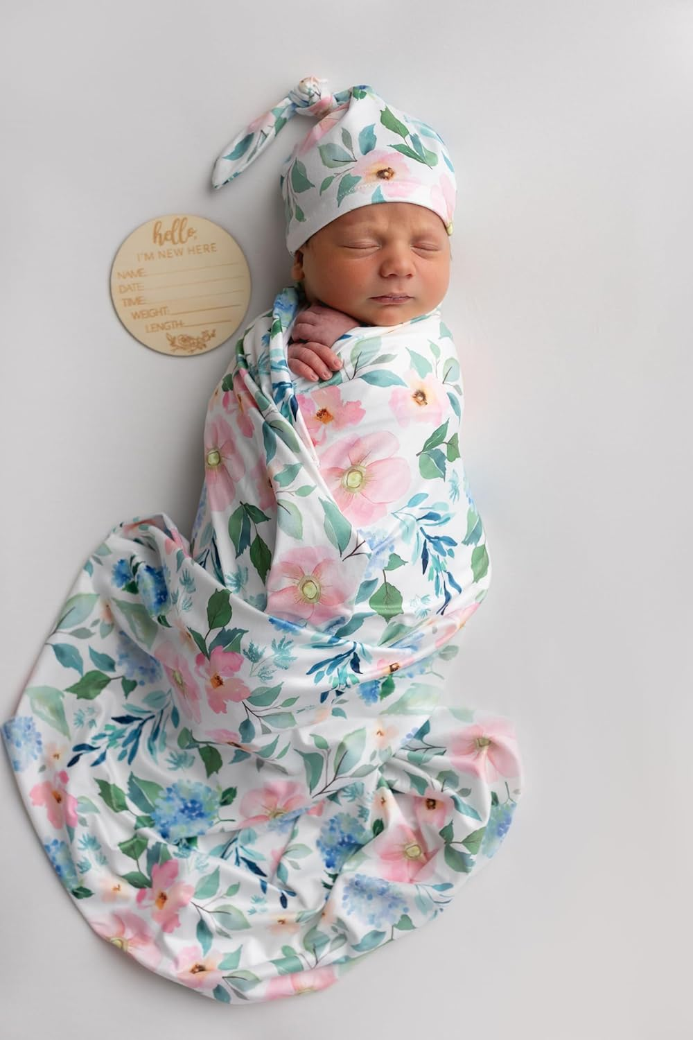 Newborn Floral Print Blanket Baby Stretch Wrap Swaddle Blanket Receiving Blanket with Matching Headband and Beanie (Small Flower and Leaf)