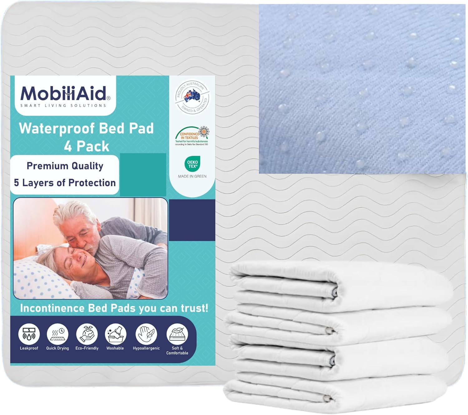 Waterproof Bed Pad - Premium 5Layer Protection - 132X86Cm Non-Slip Reusable Bed Wetting/Incontinence Pads - Waterproof Mattress Protector - Machine Washable - Breathable Maximum Comfort (4)