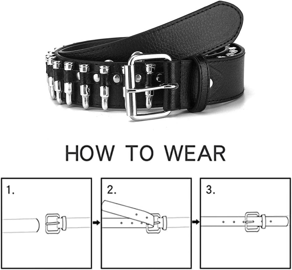 PEAFAN Bullet Studded Belt, Punk Rivet Belt Black Leather Rock Belt with Silver Bullet for Women Men Standard Size, Black image number 6