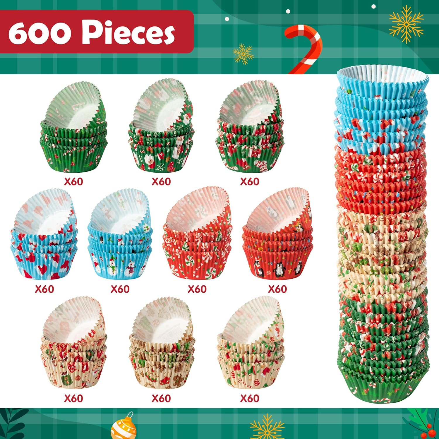 Christmas Mini Cupcake Liners - 600Pcs Merry Christmas Candy Baking Cups Muffin Cupcake Wrappers, Xmas Tree Santa Claus Snowman Chocolate Cake Wrap Making Supplies for Xmas Eve Party(10 Styles) image number 3