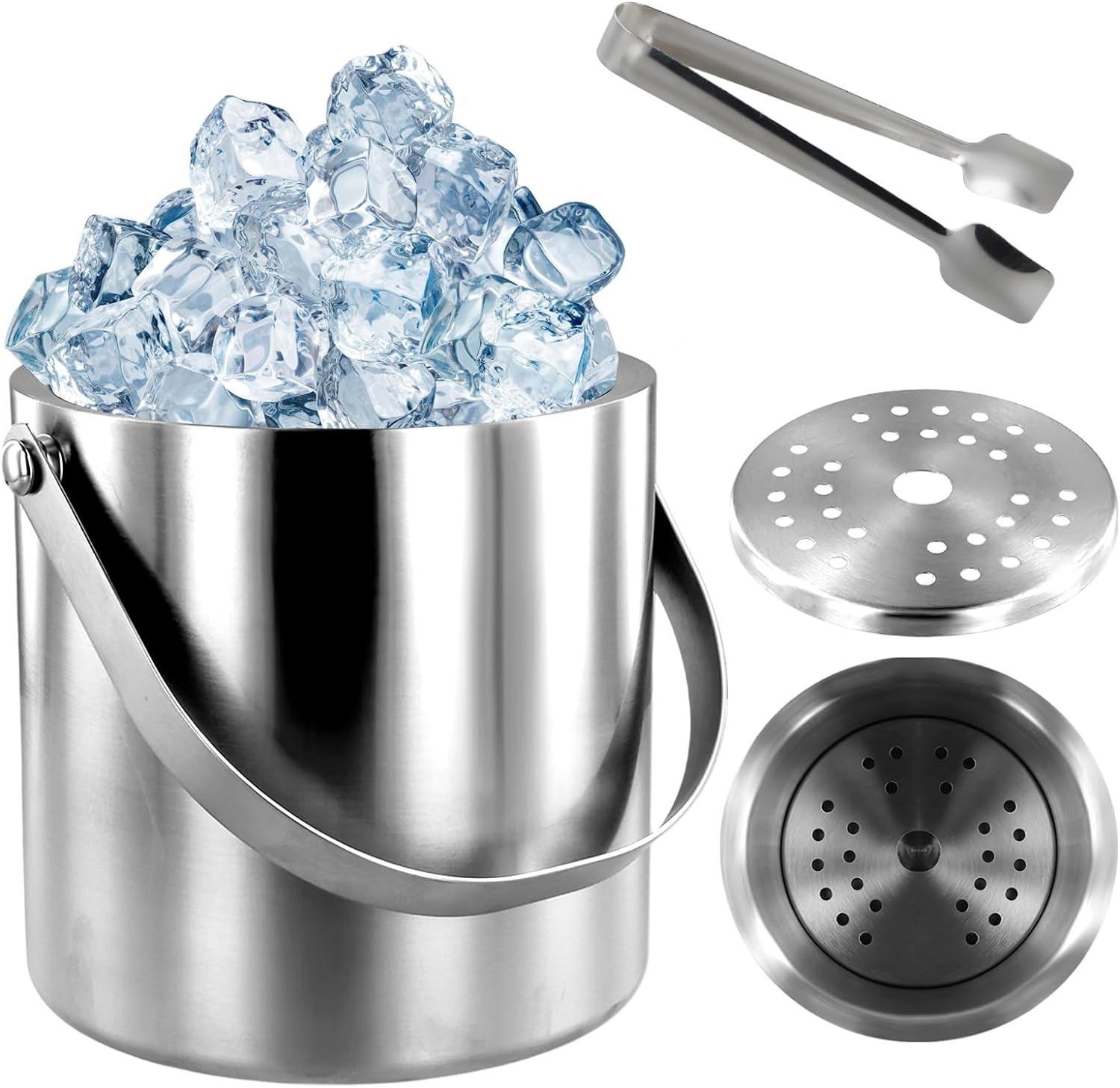 Ice Bucket with Lid Strainer Tong,2Qt Double Walled Stainless Steel Insulated Ice Bucket Container,Good Sealing Ice Cube Bucket with Cover for Chilling Beer Cocktail Bar Parties image number 1