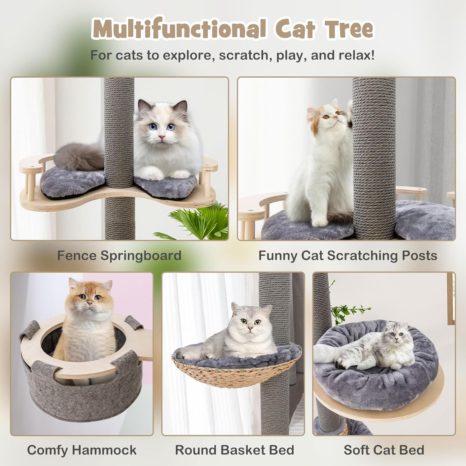 Costway Floor to Ceiling Cat Tree W/ 2.3-2.7M Adjustable Height, 5-Tier Wooden Cat Tower W/Cozy Hammock & Bed & Basket Bed, Scratching Post, Cat Climbing Furniture for Indoor Kittens & Adult Cats image number 6
