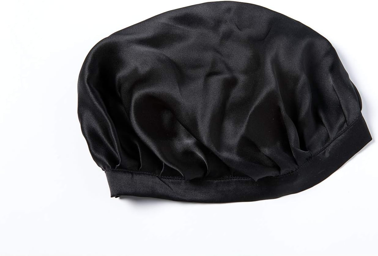 100% Mulberry Silk Night Sleep Cap, Sleeping Cap for Women Head Cover Bonnet for Hair Beauty with Elastic Band for Sleep, Hair Loss, Hair Protection (Black) image number 4