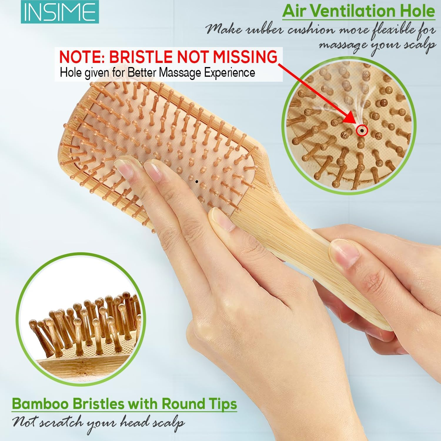 INSIME Bamboo Hair Brush with Bristles | Wooden Paddle Brush for Women & Men | Large Hairbrush image number 6