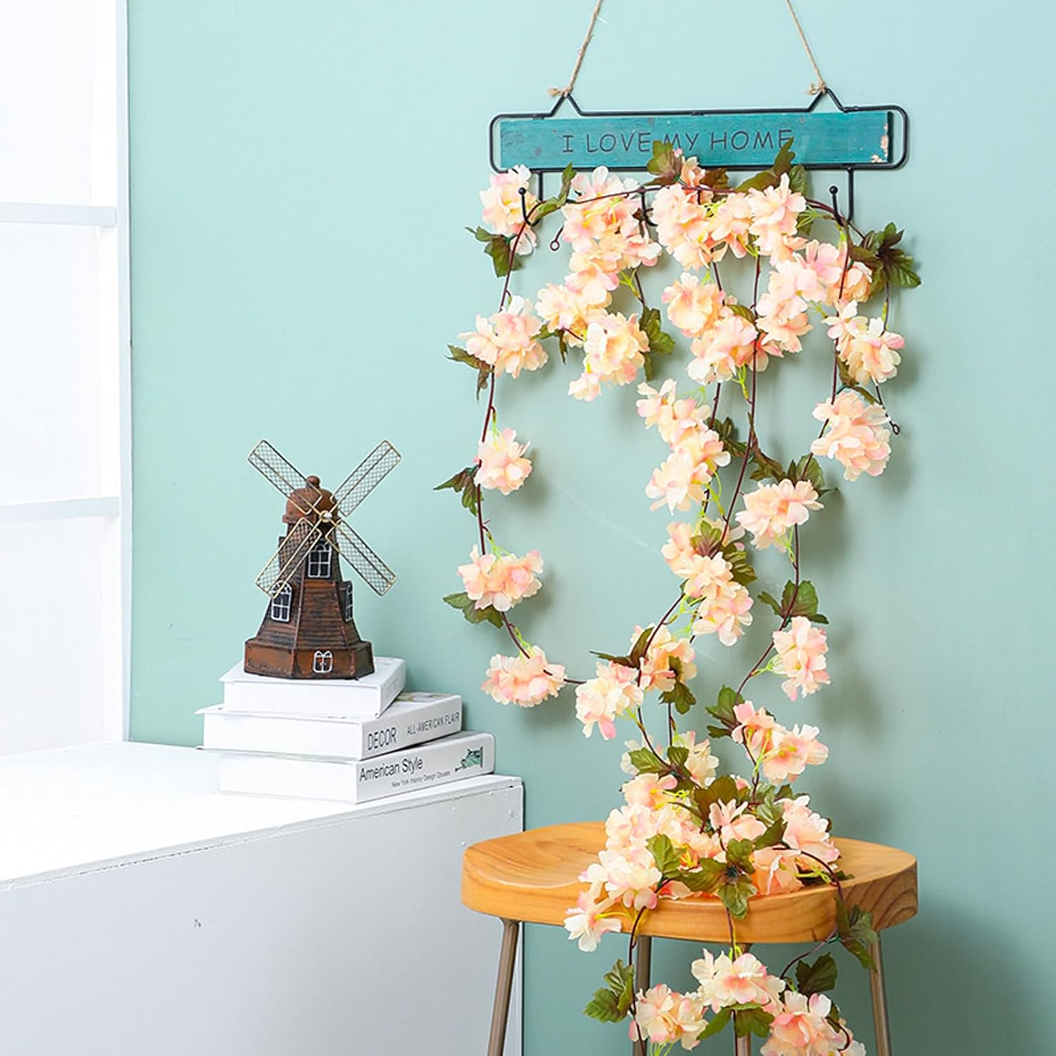 Bacucine 6Pcs Artificial Cherry Blossom Flower Vines Fake Cherry Blossom Flower Hanging Flower Vine Faux Sakura for Home Wedding Party Decor (Champagne)