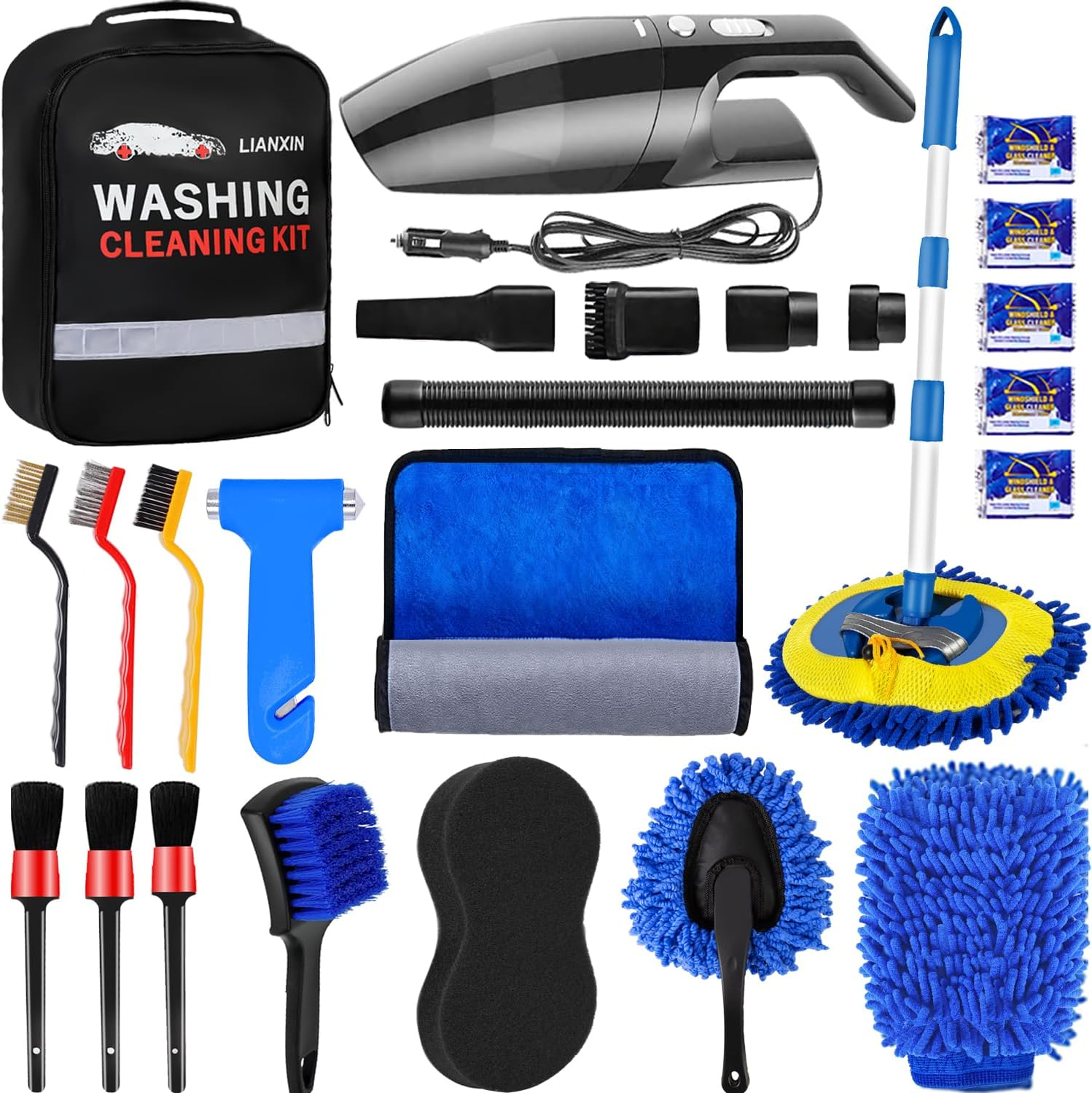 LIANXIN Car Wash Kit -Car Wash Cleaning Kit Car Interior Detailing Kit with Car Wash Foam Gun,Microfiber Sponge Car Care Kit,Tire Brush, Car Wash Kit with Foam Gun, Grey (QJB-30)