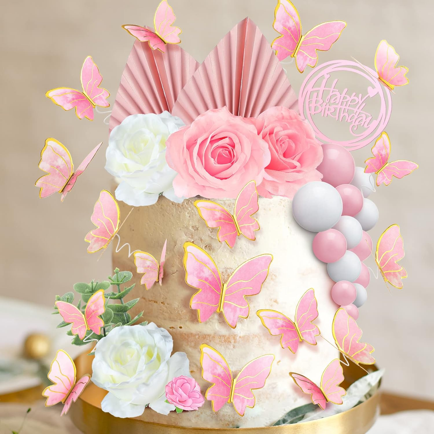 Shimeyao 52 Pcs Flower Toppers for Cake Boho Cake Topper Flower Butterfly Decorations Palm Leaves Balls Cupcake Toppers for Birthday Wedding Baby Shower Party Decoration (Pink, White) - Green, White, Gold image number 6