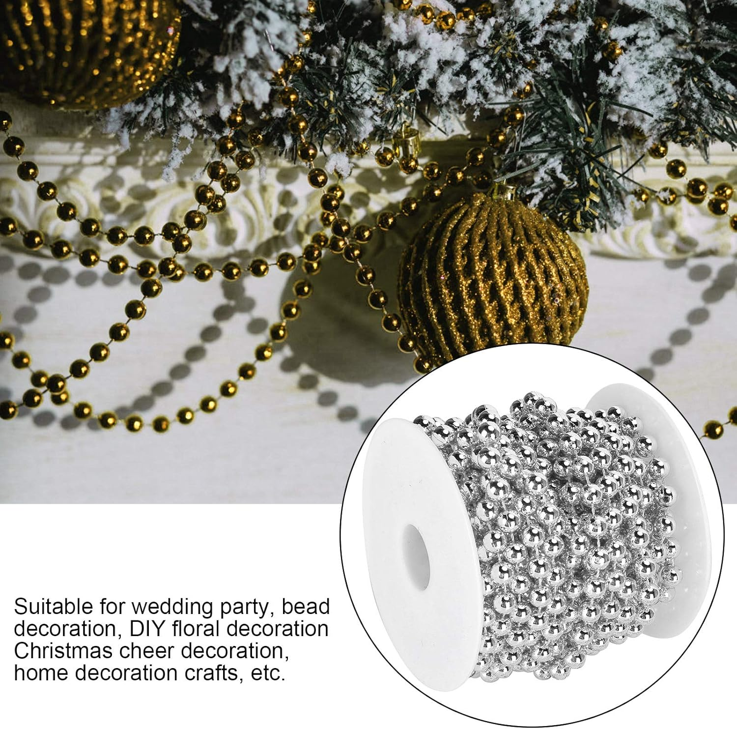 8Mm Silver Bead Hanging String, Silver Plastic Beads on String, Silvery Hanging Beads Garland for Christmas Decoration Wedding Party (10 Meter/Rollsilver) image number 3
