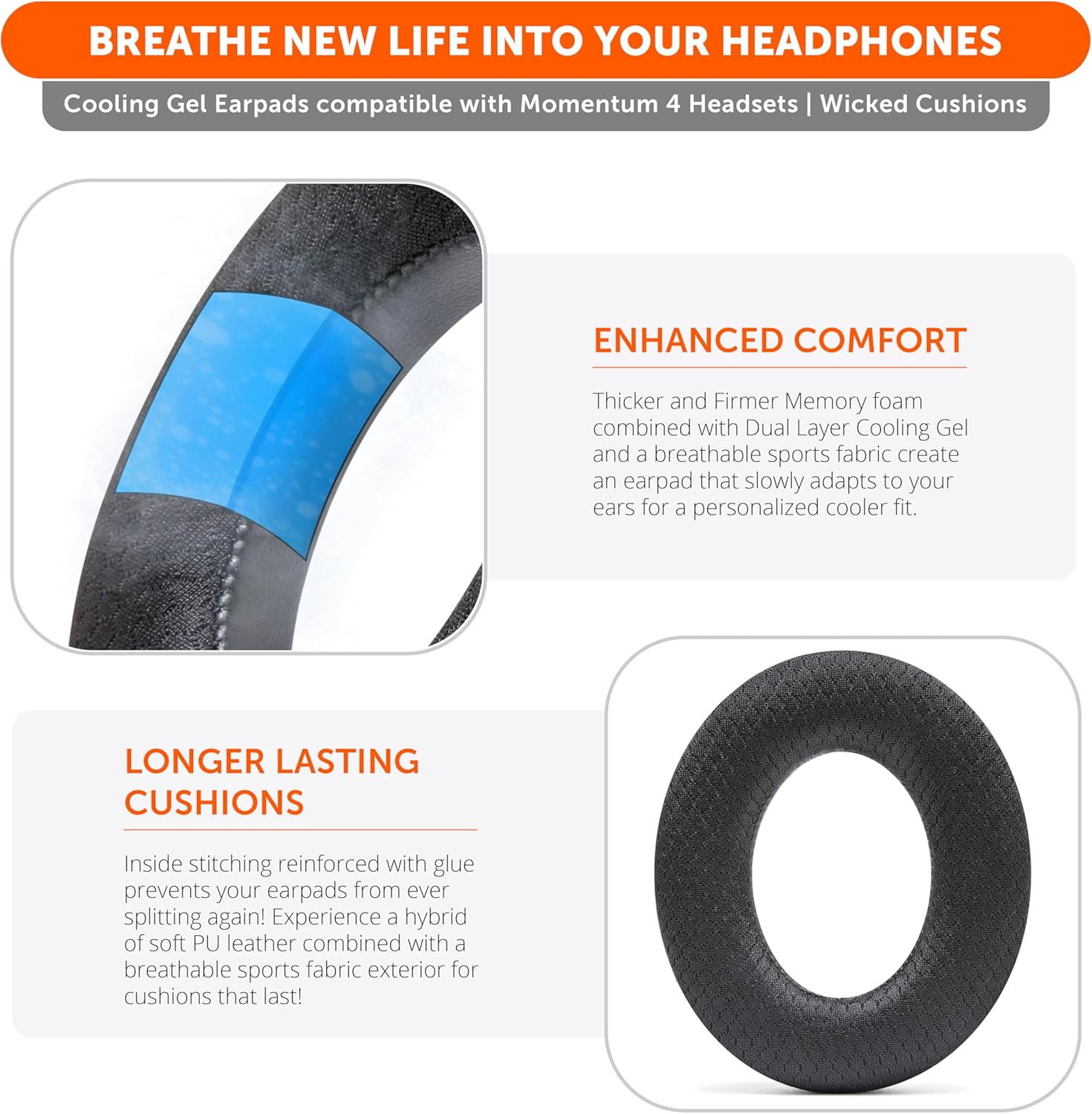 WC Freeze Momentum 4 - Cooling Gel Earpads for Sennheiser Momentum 4 Wireless over Ear Headphones by Wicked Cushions - Boost Comfort, Thickness, & Sound Isolation for Epic Listening | Black image number 1