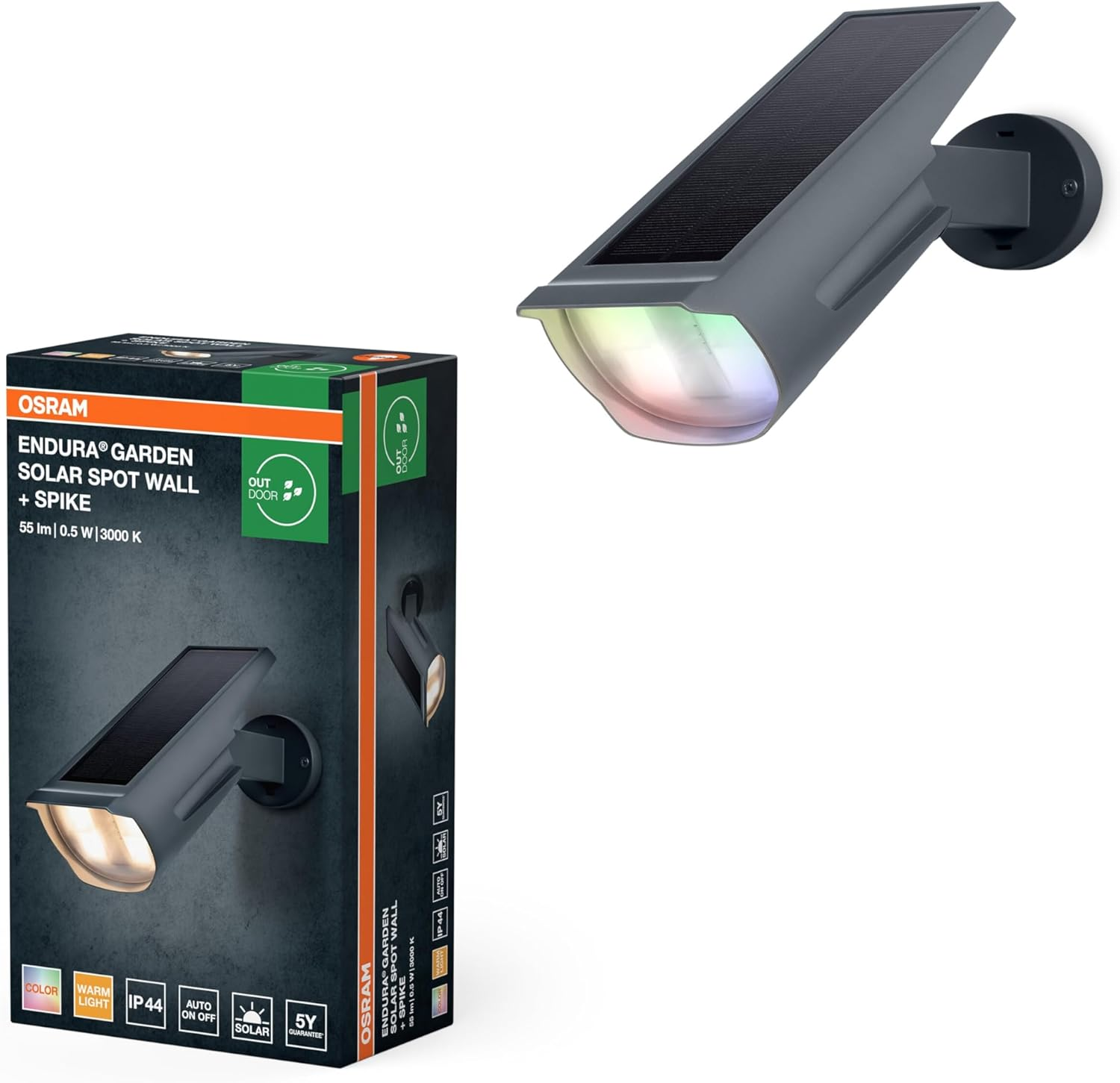 OSRAM Solar Spot RGB & Warm White with Ground Spike and Wall Mount Daylight Sensor IP44 Protection Solar Powered Spotlight for Garden Patio image number 5