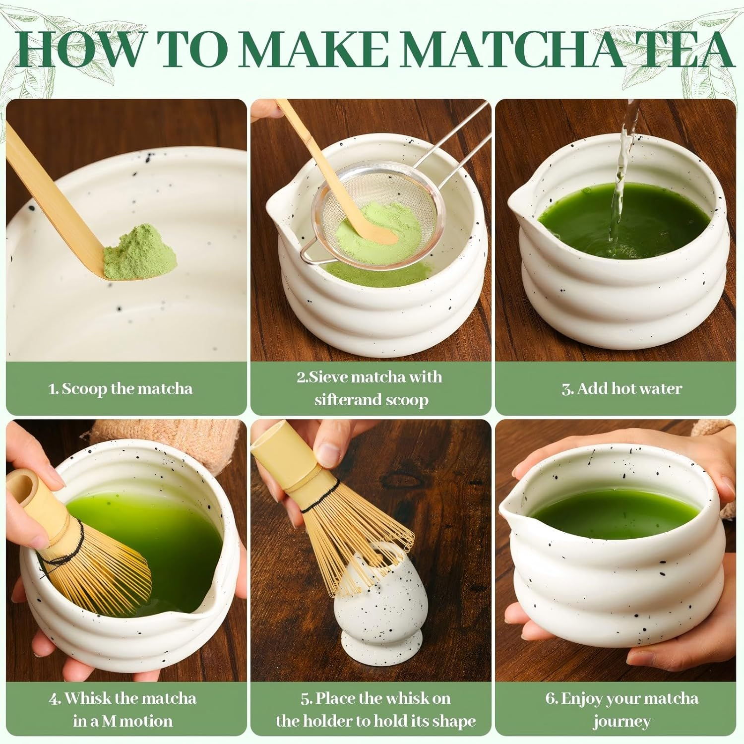 Matcha Whisk Set, 5 Pcs Matcha Tea Set for Ceremony, Match Bowl with Spout and Whisk, 15 OZ, Matcha Kit for Making Breakfast/Matcha Latte, Gift Perfect for Matcha Lover/Friend/Family - Spotted White image number 3