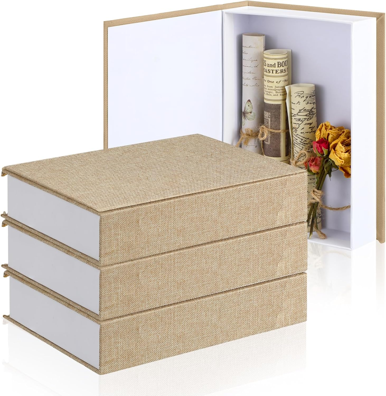 Tioncy 3 Pcs Fake Book Box Neutral Linen Book Box Decorative Faux Prop Storage for Farmhouse Home Decor Shelf Table Card Photo DIY Keepsake Gift(8.6 X 6.1 X 1.8 Inch,Beige)