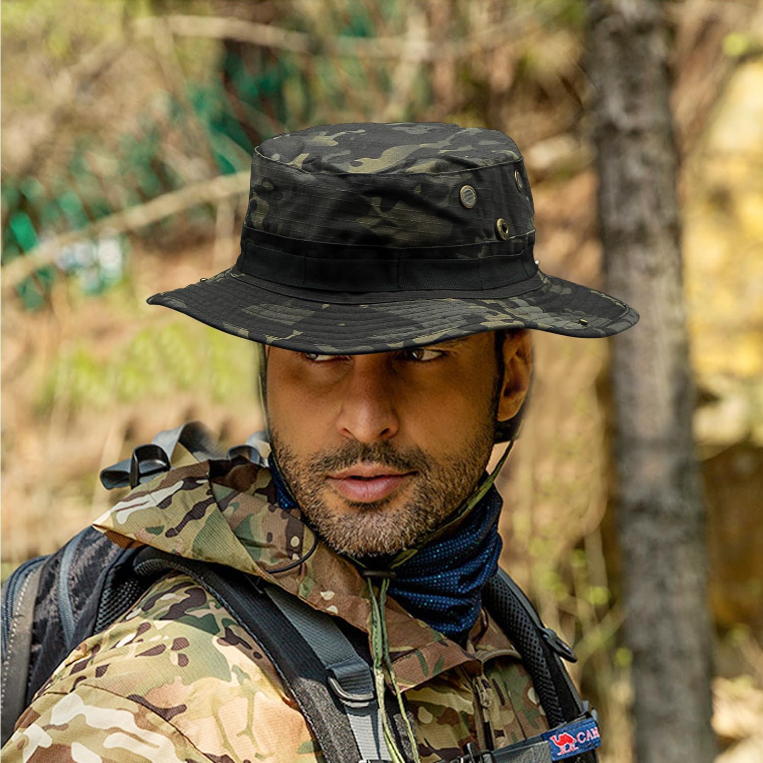 Camo Boonie Hat for Men Women, Military Tactical Wide Brim Bucket Hats, UPF50+ Jungle Sun Cap for Fishing Hunting Safari