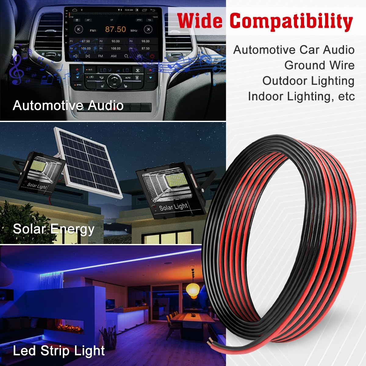 UCINNOVATE Electrical CCA Wire 2 Conductor, 12 AWG 50FT (Red 25FT+ Black 25FT) Low Voltage Automotive Speaker Wire 12 Gauge 12V/24V DC PVC Car Battery image number 5