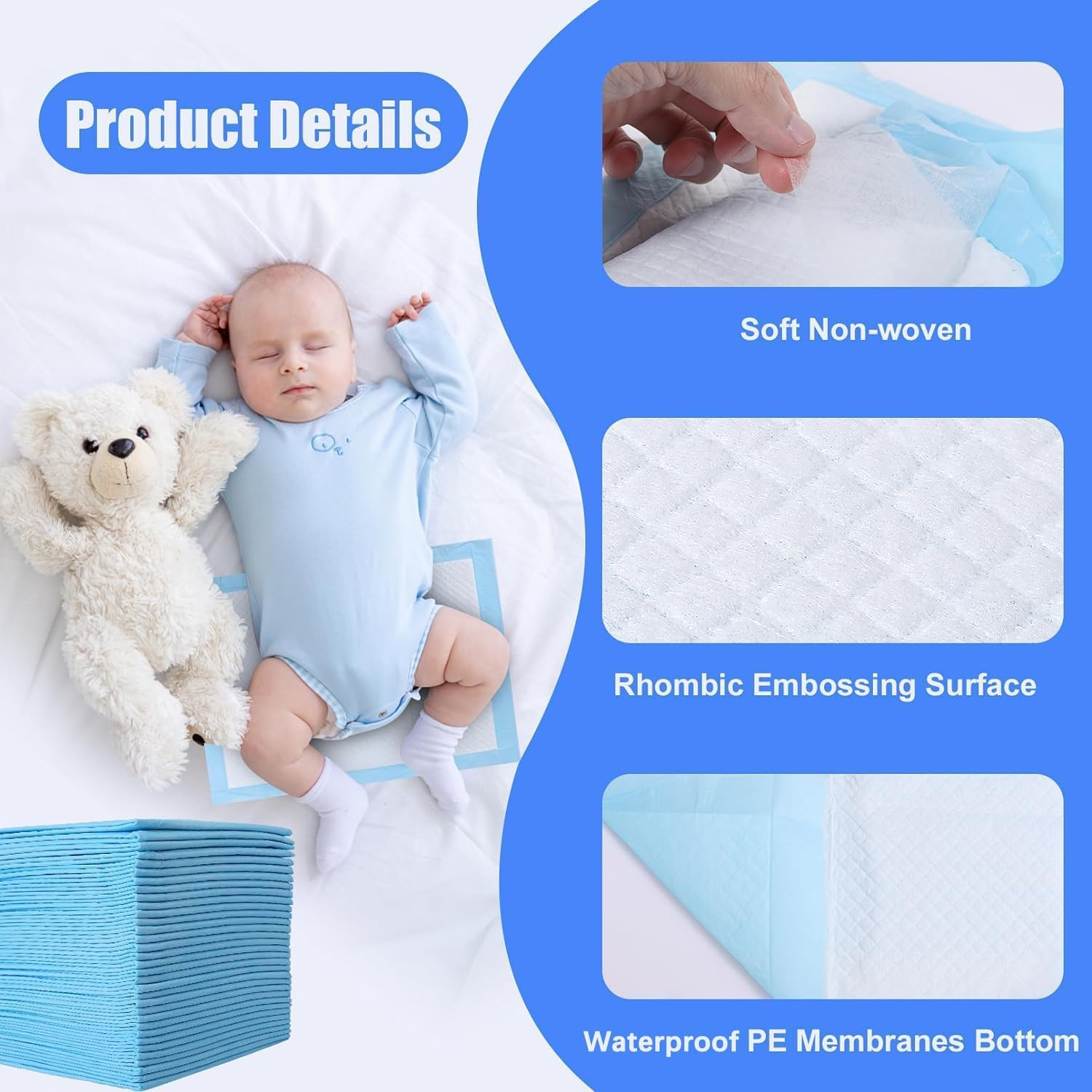 100 Pack Disposable Change Mat Baby, 17X13 Inches Extrathickportable Diaper Changing Pads, with Soft, Breathable, Absorbent, Leak Proof and Quick Drying Functions, Suitable for Infants and Newborns image number 6