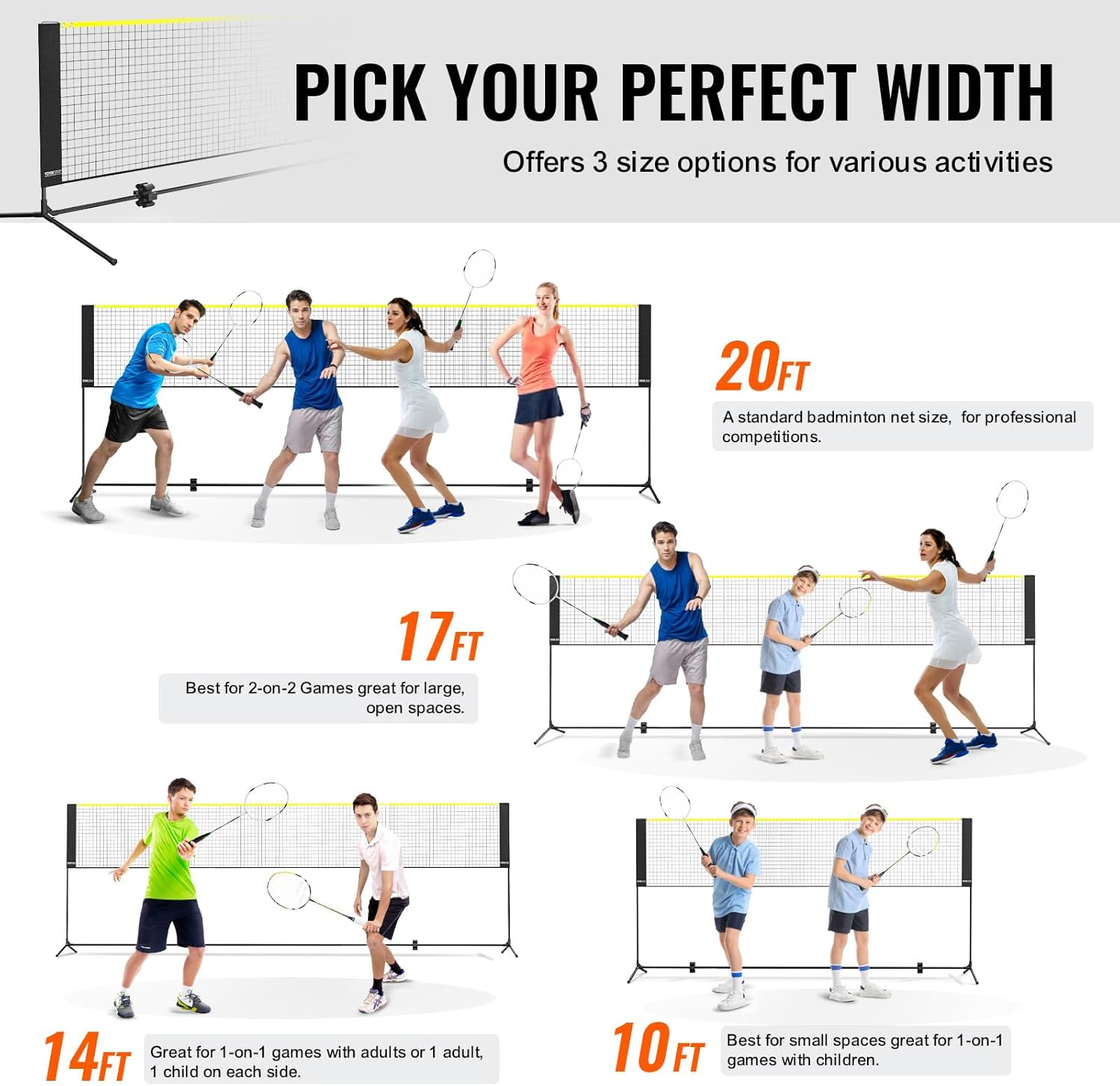 VEVOR Badminton Net, Height Adjustable Volleyball Net, 20Ft Wide Foldable Pickleball Net, Portable Tennis Net Set with Poles, Stand, Bag, Rackets, Nylon Shuttlecocks, Kid Backyard Indoor Outdoor Use image number 1