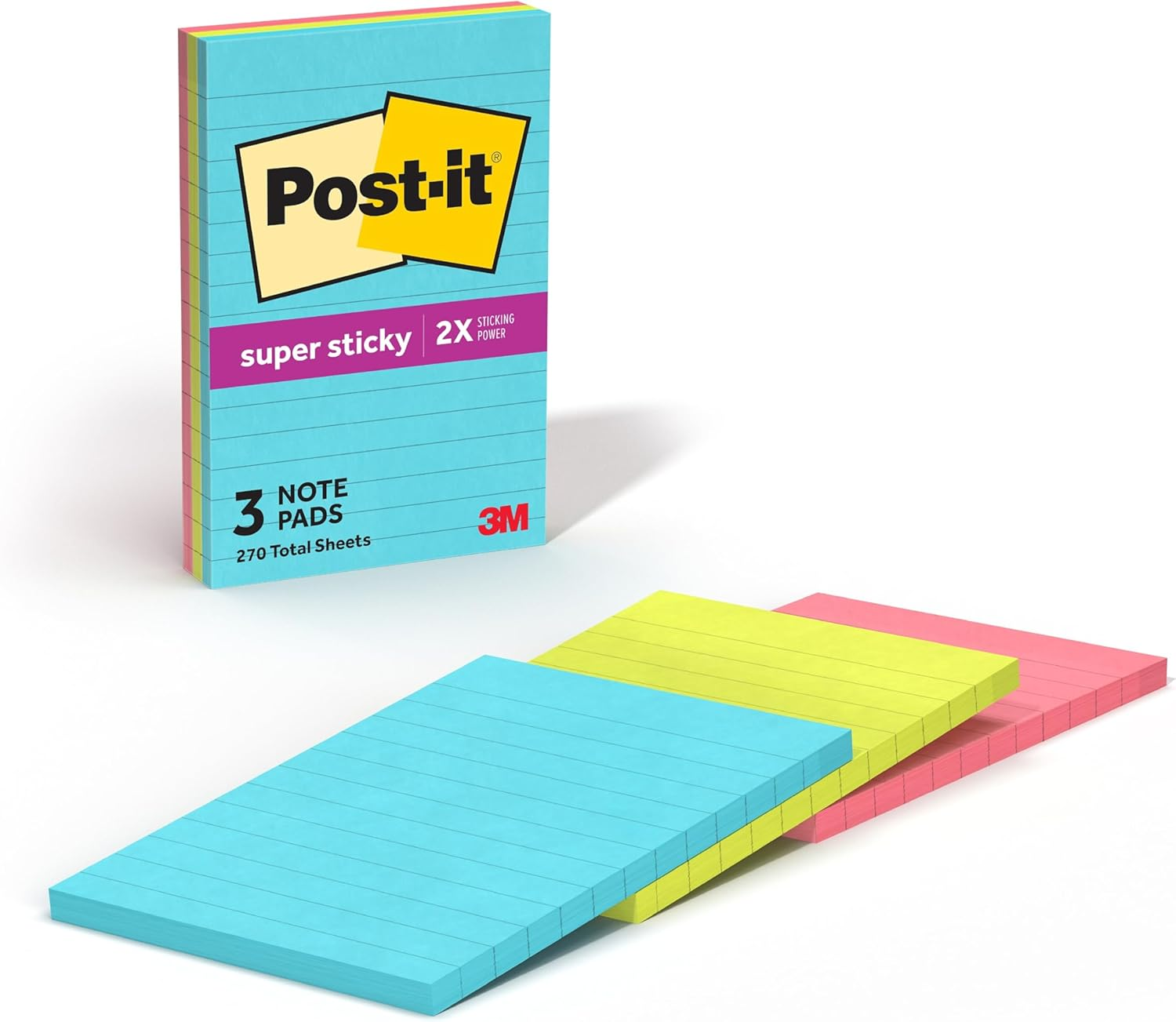 Post-It Super Sticky Notes, 101 X 152Mm, 3 Pads, 2X the Sticking Power, Supernova Neons, Bright Colors, Recyclable (660-3SSMIA)