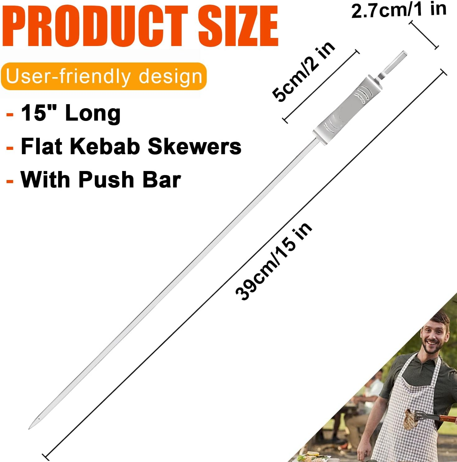 BBQ Skewers, Premium 304 Stainless Steel BBQ Skewers,15 Inch Heavy Duty Metal Kabob Sticks for Grilling, Reusable & Dishwasher Safe (Single Fork8) - Single Fork10 image number 5