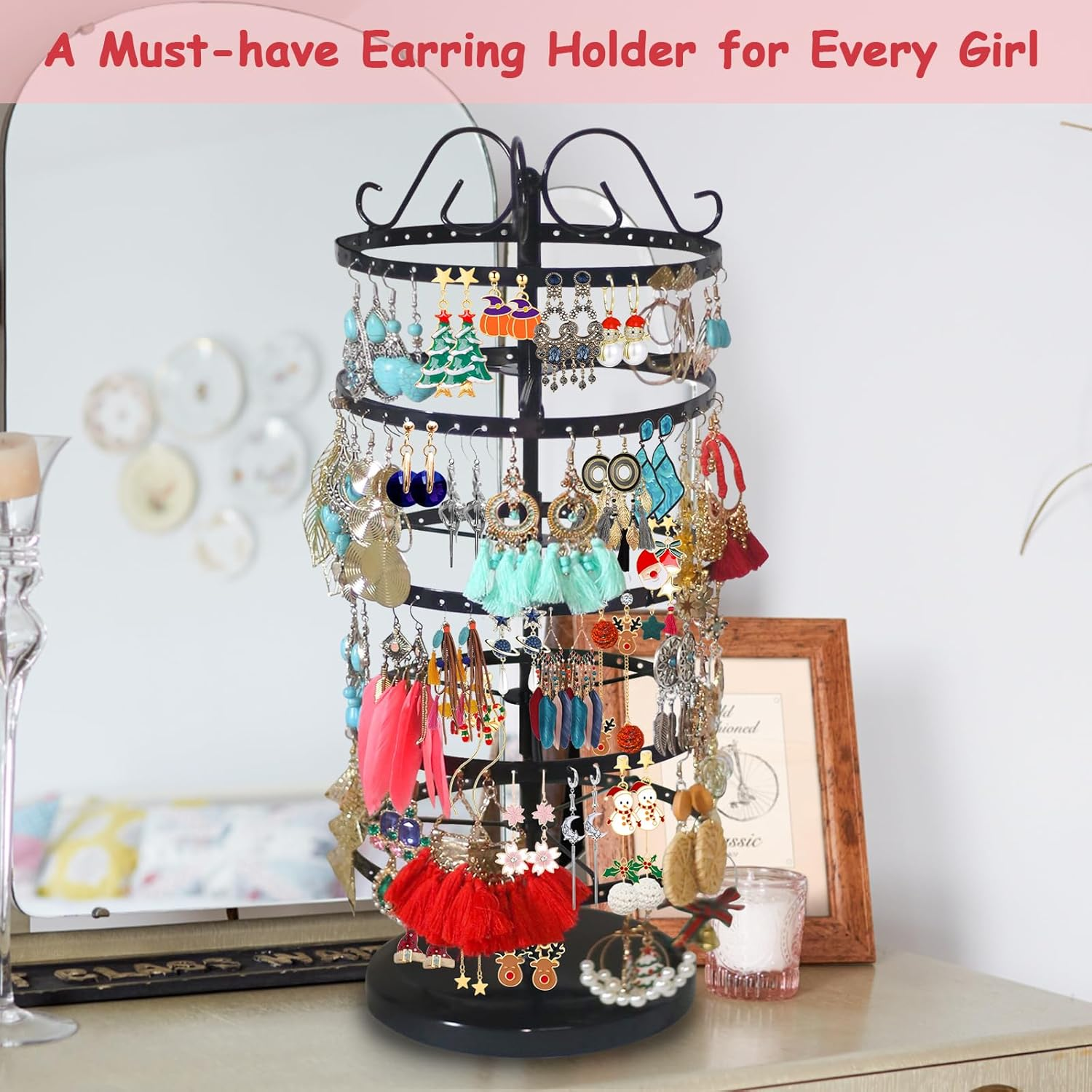 5 Tiers Rotating Earring Holder Organizer, Metal Spinning Earring Display Stand 220 Holes - Adjustable Earring Storage Rack - Earring Tree Organizer for Girls Women (Black) image number 5