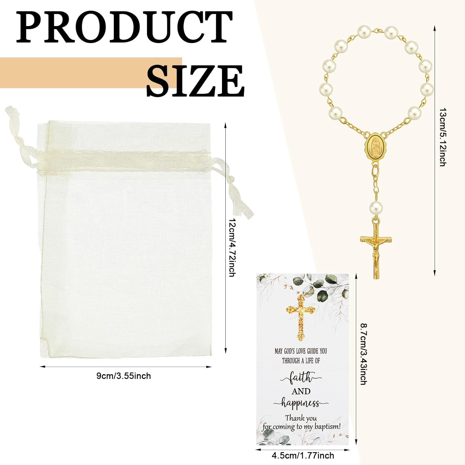 50 Sets Baptism Favors for Guests Acrylic Rosary Beads Faux Pearls Organza Gift Bags Thank You Cards Silver Angel Charm Keychain for Baptism Christening First Communion Party Supplies (Gold) image number 2