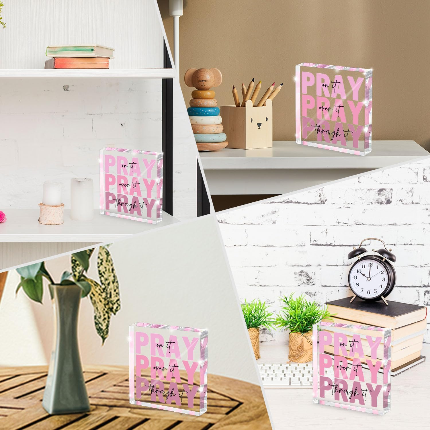 Zaxek Pink Inspirational Decor Pray over It Bible Verse Wall Art Christian Sign, 4X4 Inches Office Desk Accessories Decor Sign, Pink Dorm Room Decor for Women image number 2