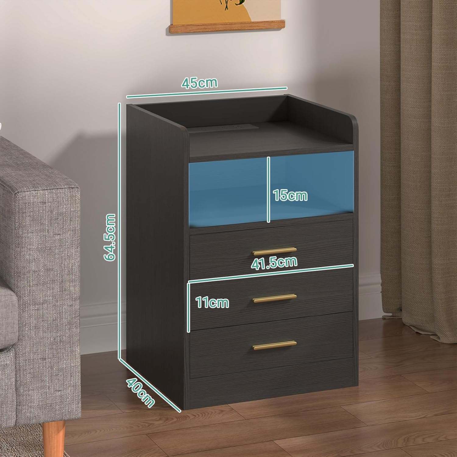 Ufurniture Nightstand with Charging Station, 16 Colors LED Bedside Table with USB Ports and Outlets, End Table with 3 Drawers and Storage Shelf, Small Dresser for Small Space, Black